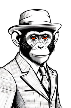 Mafia monkey black drawing isolated on white background. Kind cartoon style first half of 20th century ape wearing hat and tuxedo. Smart animal coloring portrait.