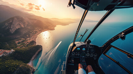 Helicopter cockpit flying on sea view landscape and cloudy sky, with pilot arm driving in cabin.