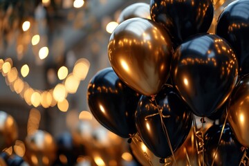 A festive and celebratory scene with golden helium balloons, creating a bright and joyful atmosphere.