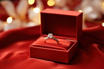A romantic engagement ring in a red box, symbolizing love and commitment, with a floral touch.