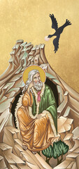 Obraz premium Traditional orthodox icon of Prophet saint Elijah and raven bringing food. Christian antique illustration on golden background in Byzantine style