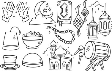 Set of doodle Islamic elements. Hand-drawn Muslim symbols and icons. Doodle element related to Muslim ramadan eid al fitr.