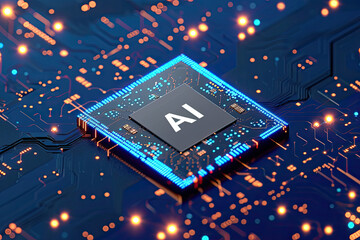 Artificial intelligence micro chip with text on chip. Generative AI - obrazy, fototapety, plakaty