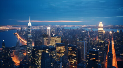 Fototapeta premium New York City Aerial Night Cityscape with Stunning Manhattan Landmarks, Skyscrapers and Residential Buildings. Wide Angle Panoramic Helicopter View of a Popular Travel Destination