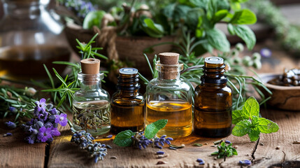 Obraz na płótnie Canvas Assortment of essential oil bottles with fresh herbs. selective focus. Generative AI,