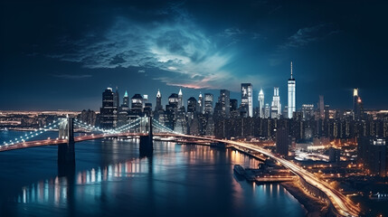 Fototapeta premium New York City Aerial Night Cityscape with Stunning Manhattan Landmarks, Skyscrapers and Residential Buildings. Wide Angle Panoramic Helicopter View of a Popular Travel Destination