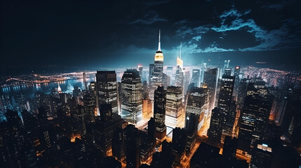 New York City Aerial Night Cityscape with Stunning Manhattan Landmarks, Skyscrapers and Residential...