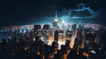 Draagtas New York City Aerial Night Cityscape with Stunning Manhattan Landmarks, Skyscrapers and Residential Buildings. Wide Angle Panoramic Helicopter View of a Popular Travel Destination © Magdalena