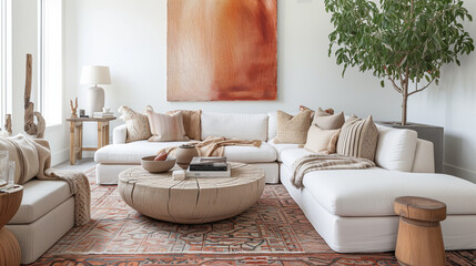 Accent ellipse coffee table near fabric corner sofa. Boho ethnic home interior design of modern living room