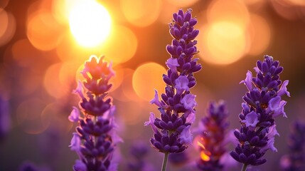 Delicate lavender blooms bathed in the golden glow of a setting sun. - obrazy, fototapety, plakaty