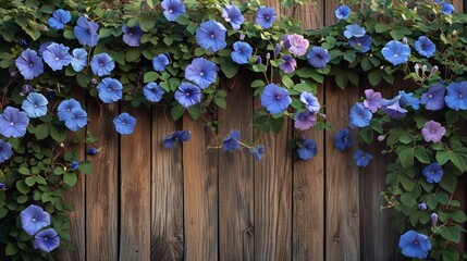Fototapeta na wymiar Morning glory vines weaving through a rustic wooden fence.