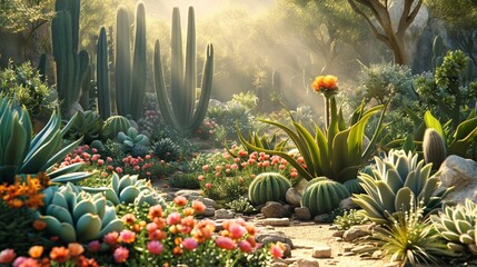 Exotic succulents thriving in a sunlit desert oasis. - obrazy, fototapety, plakaty