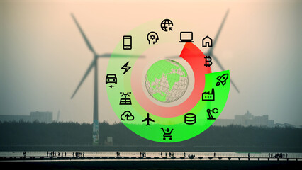 Various icons of human life around green earth. Clean and sustainable energy. Offshore wind farms...