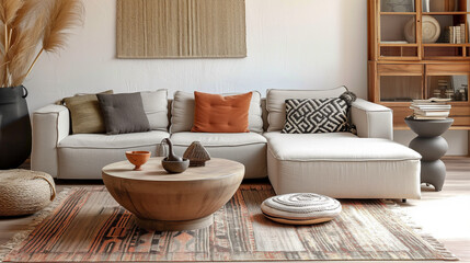 Accent ellipse coffee table near fabric corner sofa. Boho ethnic home interior design of modern living room