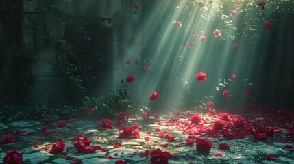 red roses falling downward on the ground while sunrays are coming into the room - obrazy, fototapety, plakaty