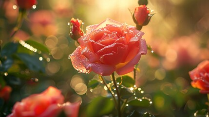 Sunlight filtering through dew-kissed rose petals in a secluded garden.