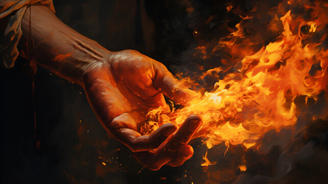 Hand holding fire in a black background