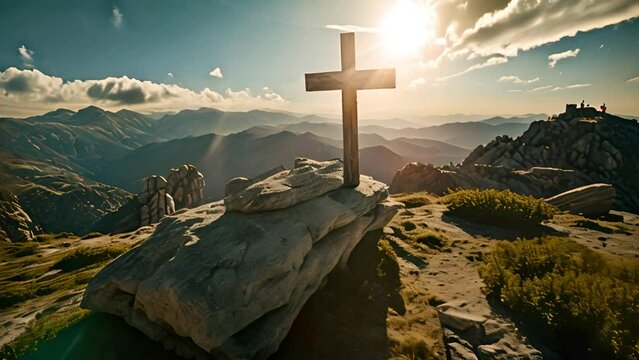 A wooden christian cross on a mountain top with blue skies sun and clouds Generative AI