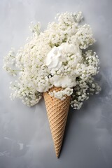 Ice cream of gypsophila flowers in waffle cone on light gray table top view in flat lay style.
