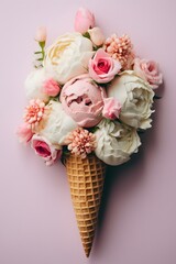 Ice cream of rose flowers in waffle cone on light gray background from above, beautiful floral decoration, vintage color, flat lay styling