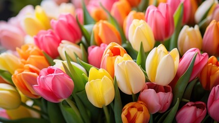 background of beautiful colorful tulips, women's day 8 march, banner, copy space