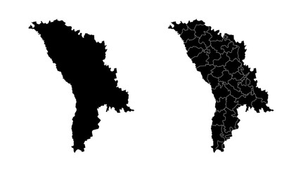 Set of isolated Moldova maps with regions. Isolated borders, departments, municipalities.