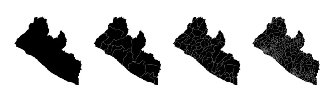 Set of isolated Liberia maps with regions. Isolated borders, departments, municipalities.