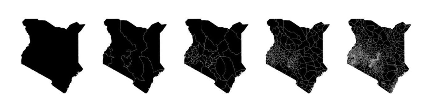 Set of isolated Kenya maps with regions. Isolated borders, departments, municipalities.