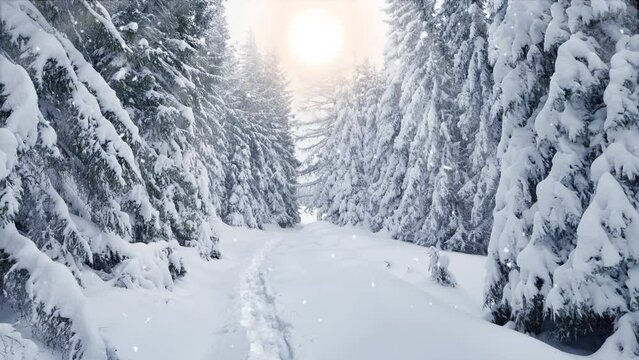Winter scene in a forest with snow falling off the trees in front of the beautiful gold sun, slow motion footage. Tree branches on background of snowfall. Flakes of snow falling in winter landscapes. 