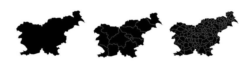 Obraz premium Set of isolated Slovenia maps with regions. Isolated borders, departments, municipalities.