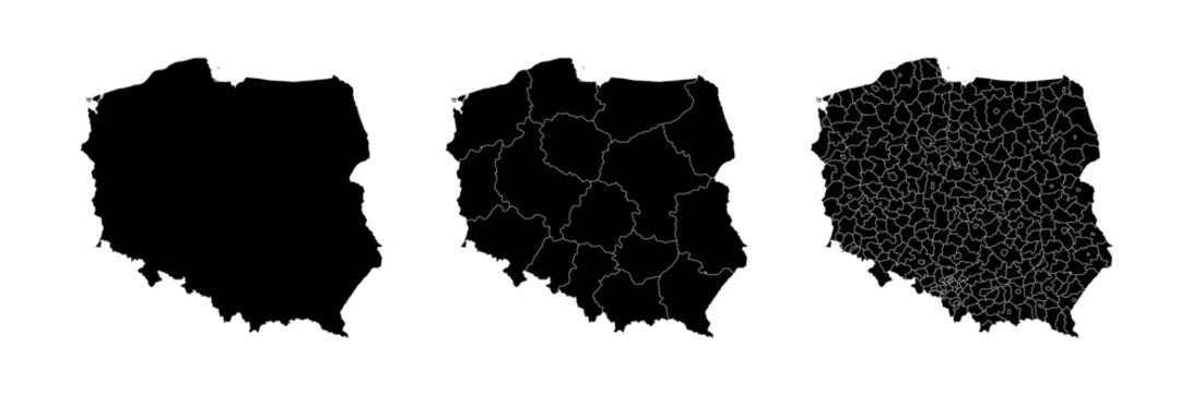 Set of isolated Poland maps with regions. Isolated borders, departments, municipalities.