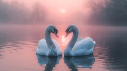 Keuken foto achterwand Two swans on the lake at sunrise. Beautiful swans in love. Generative AI. © Aga Bak