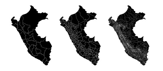 Set of isolated Peru maps with regions. Isolated borders, departments, municipalities.