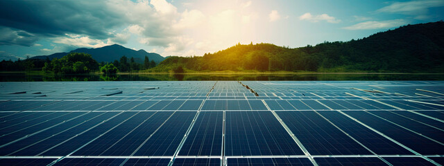 View of large solar panels. Climate change concerns. Climate resilience. - obrazy, fototapety, plakaty