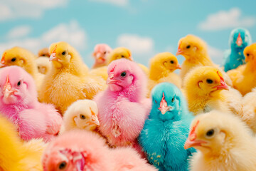 Happy Easter theme. Large group of newly hatched chicks on a chicken farm. - obrazy, fototapety, plakaty