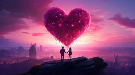 Valentine Day card with loving couple looking at the beautiful heart symbol on the romantic and magic surreal landscape - obrazy, fototapety, plakaty