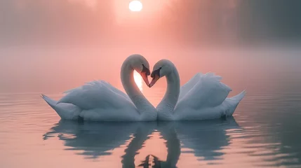 Gordijnen Two swans on the lake at sunrise. Beautiful swans in love. Generative AI. © Aga Bak