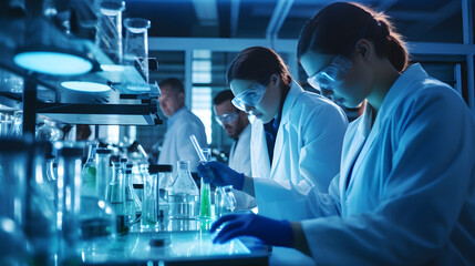 Group 
of doctors looking at microscope, doin   g research in laboratory, working in teamwork and medicine medical, health care, lab, microbiology, generative ai
