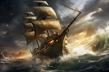 A ship battling fierce waves during a stormy sea. Generative AI - obrazy, fototapety, plakaty