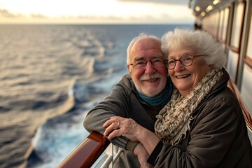 A middle-aged couple leaning on a boat railing watching the sunset in winter.