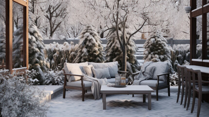 Fototapeta na wymiar Outdoor furniture is covered with snow in a winter. Winter patio and garden during snowfall.