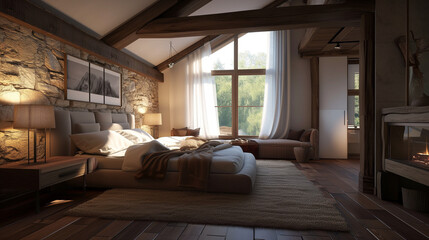  Farmhouse interior design of modern bedroom with hardwood floo