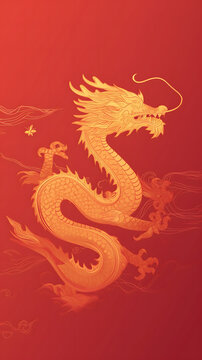Drag&oacute;n chino dorado sobre fondo rojo como s&iacute;mbolo del zodiaco chino