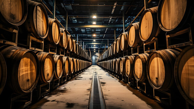 Whiskey, bourbon, scotch, wine barrels in an aging facility.