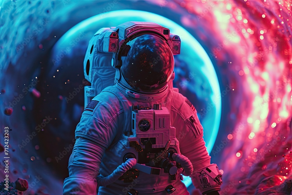 Poster astronaut in front of dimensional portal