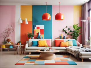 Modern living room with colourful walls and furniture. Light interior