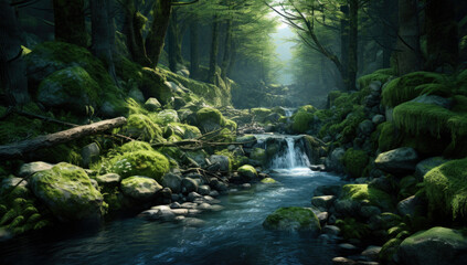 Hidden rain forest waterfall with lush foliage and mossy rocks