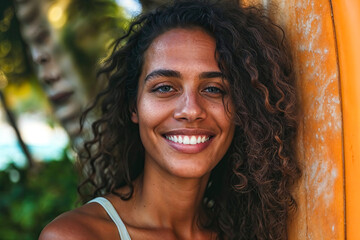 Biracial woman smiling holding surfboard, energetic and bold. - Powered by Adobe