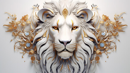 Balinese motif lion king with crown illustration, beautiful carving , very fierce, sharp gaze, gold , white background , generate AI - obrazy, fototapety, plakaty