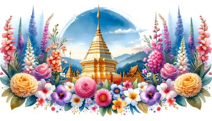 Golden pagoda in chiang mai with various colorful flowers in watercolor style.